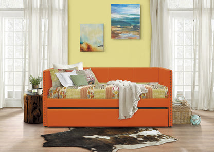 Orange Fabric Upholstered 1pc Day Bed with Pull-out Trundle Nailhead Trim Wood Frame Furniture