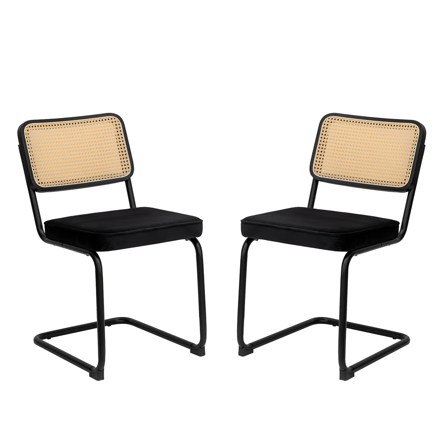 Dining Chairs Set of 2, Velvet Rattan Side Accent Chairs with Black Painted Legs, Modern Mid Century Breuer Designed Chairs, Upholstered Dining Living Room Kitchen Chairs