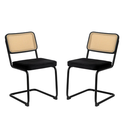 Dining Chairs Set of 2, Velvet Rattan Side Accent Chairs with Black Painted Legs, Modern Mid Century Breuer Designed Chairs, Upholstered Dining Living Room Kitchen Chairs