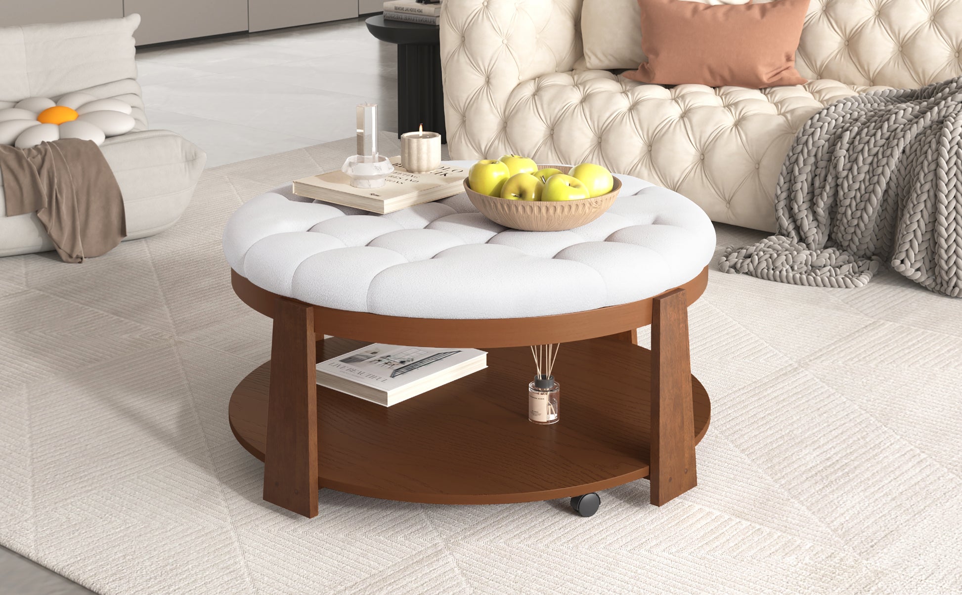 Modern Large Round Ottoman Coffee Table 2-Tier Oversized Button Tufted Ottoman with Wood Shelf Storage Upholstered Coffee Table for Living Room Footrest Ottoman with wheel, waterproof Linen