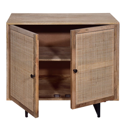 35 Inch Handcrafted Accent Cabinet with 2 Mesh Rattan Doors, Black Iron Legs, Natural Brown Mango Wood Frame