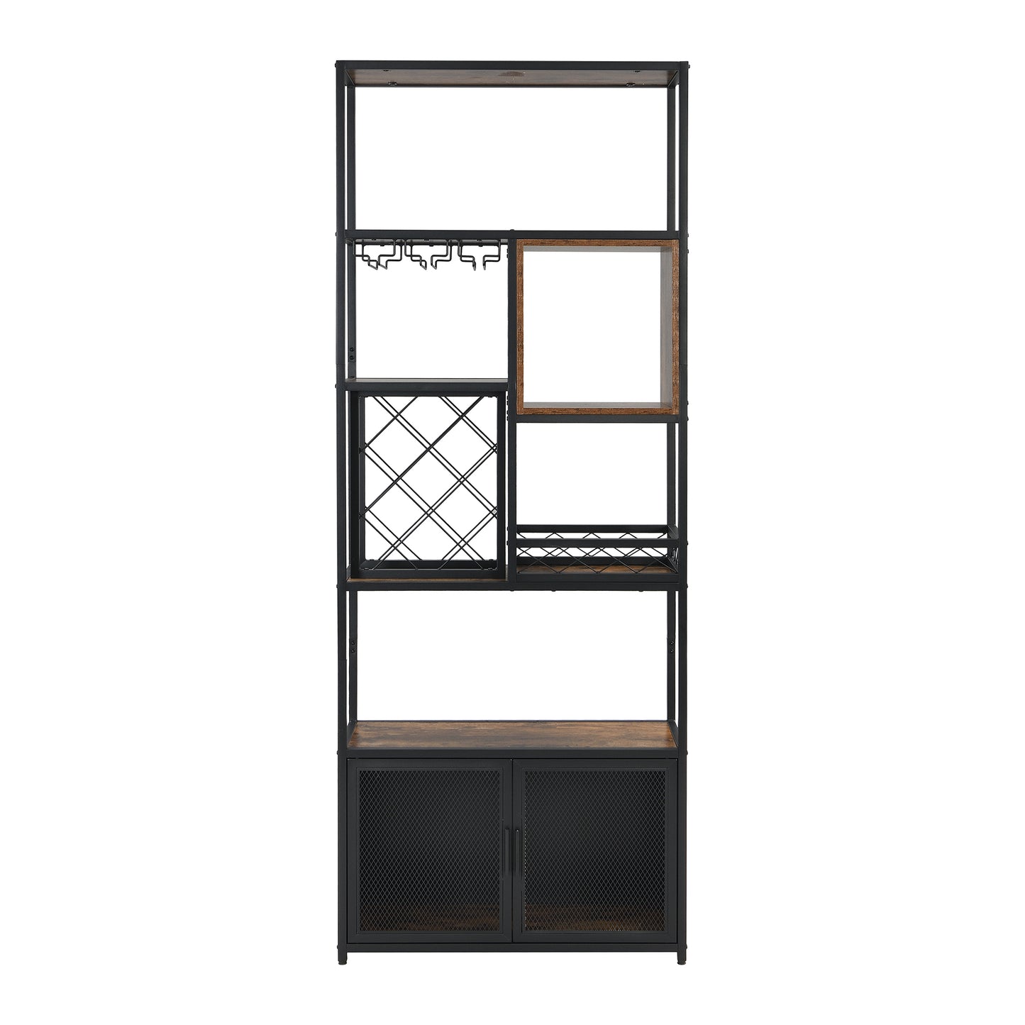 82.7" Industrial Tall Black Bar Wine Rack Cabinet with Glass Holder Wood Home Bar Cabinet