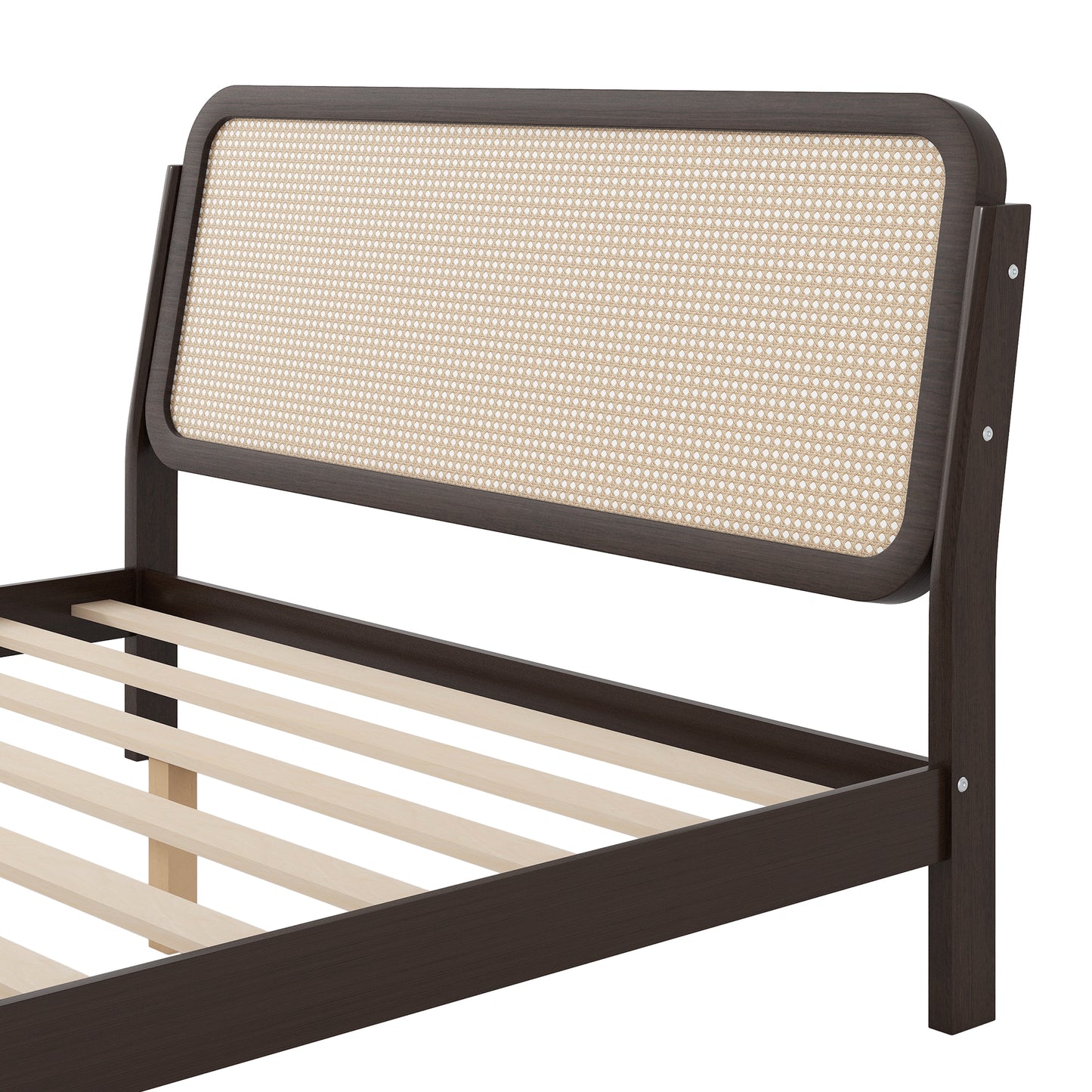 Queen Size Wood Storage Platform Bed with LED Light, Rattan Headboard, Espresso