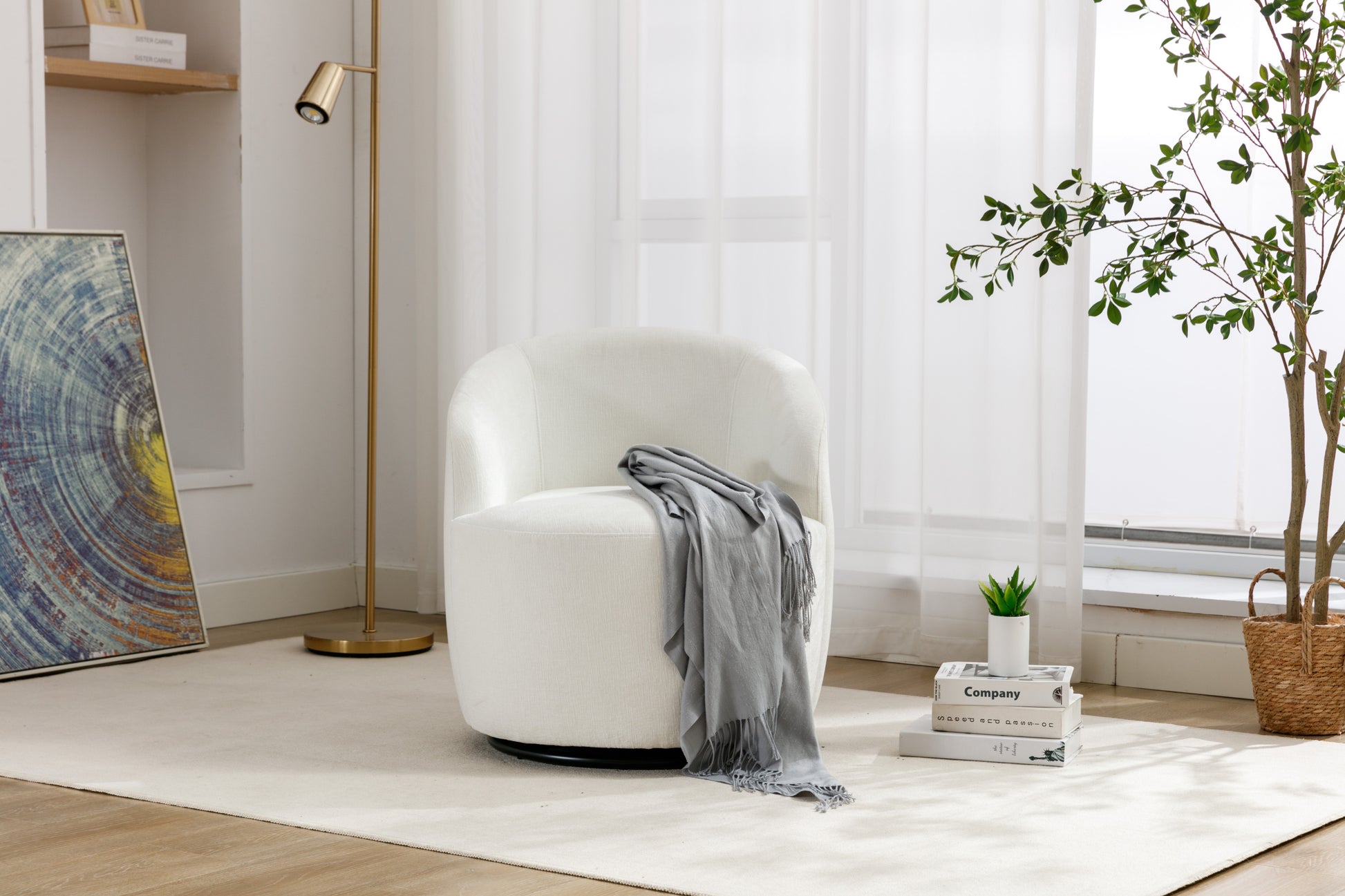 Chenille Fabric Swivel Accent Armchair Barrel Chair With Black Powder Coating Metal Ring,Ivory