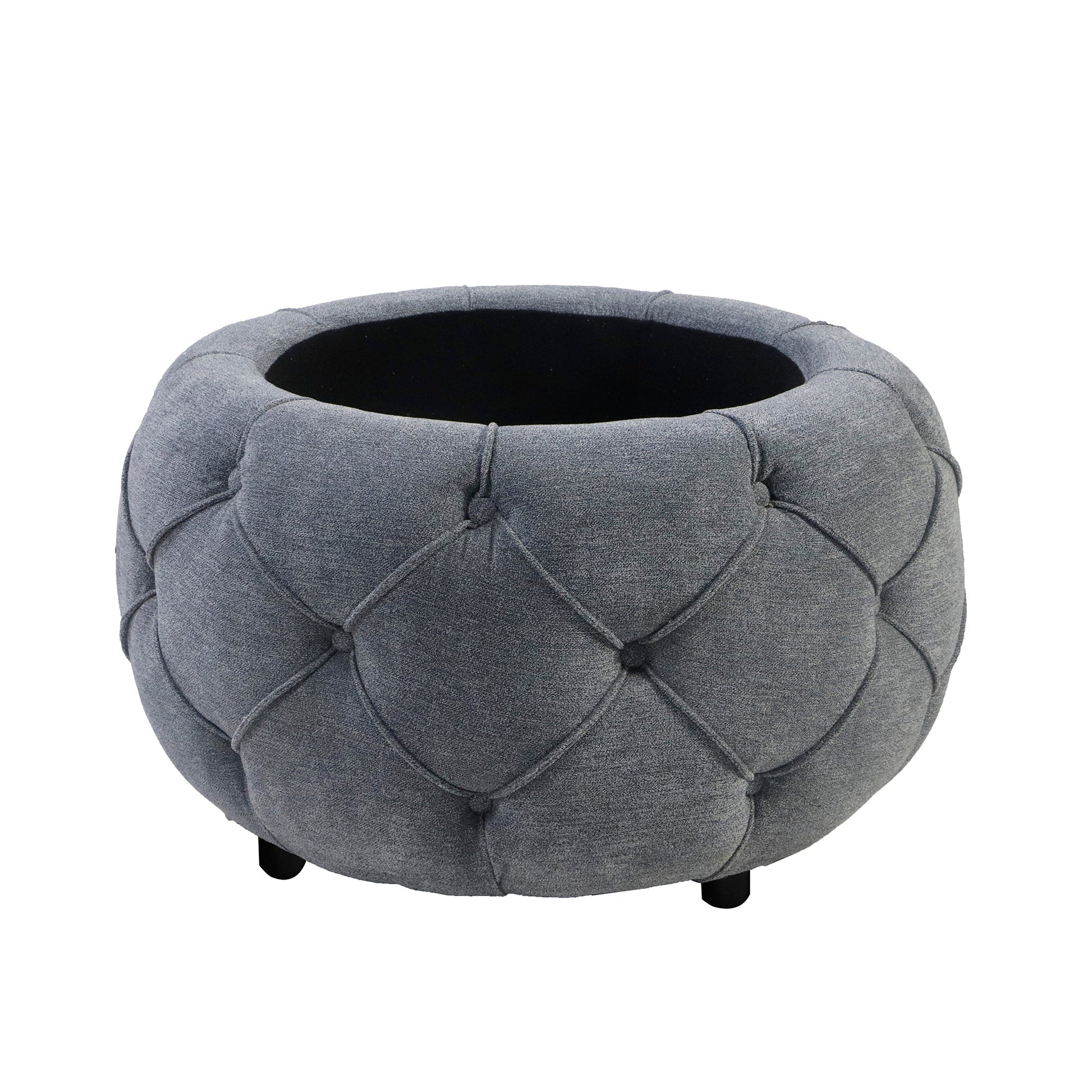 Large Button Tufted Woven Round Storage Ottoman  for Living Room & Bedroom,17.7"H Burlap Grey