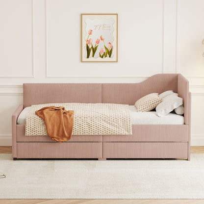 Twin Size L-Shaped Corduroy Daybed,Upholstered Bed Frame with 2 Storage Drawers,Pink