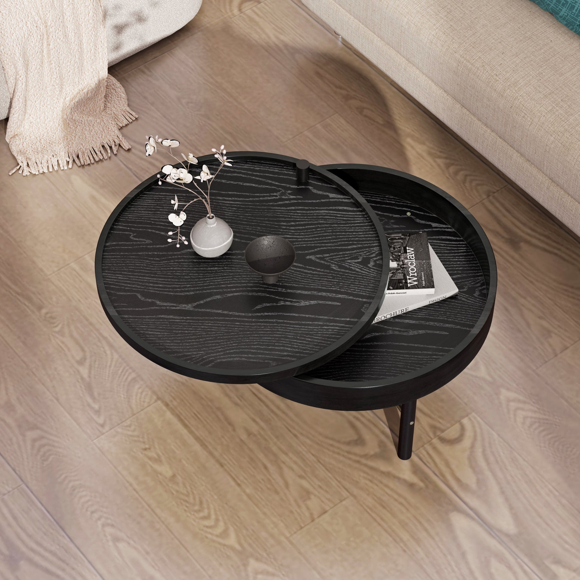 Modern Round Wood Rotating Tray Coffee Table with Storage & Metal Legs in Black