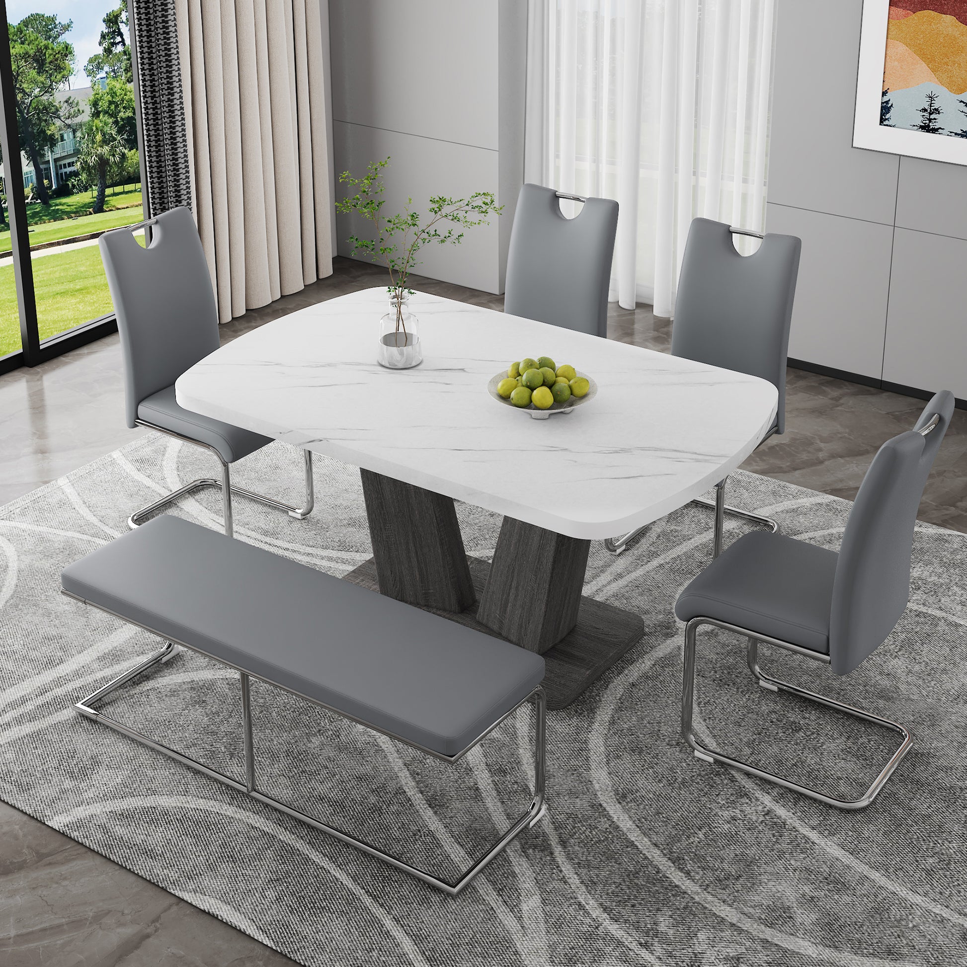 Dining Table Set for 6, 6 Piece Dining Table Set, Faux Marble Table Top and Modern Design MDF Base with 4 PU Leather Ergonomic Dining Chairs&1 Bench