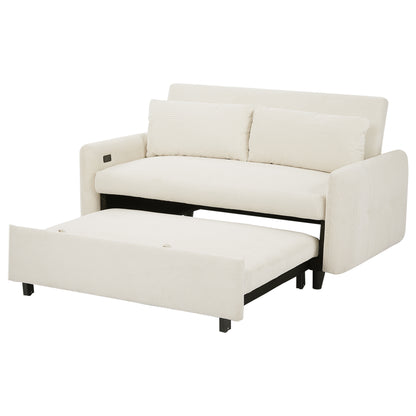 57.48" Pull-out Sofa Bed Convertible Couch 2 Seat Loveseat Sofa Modern Sleeper Sofa with Two Throw Pillows and USB Ports for Living Room, Beige(Old Sku:WF317760AAA)