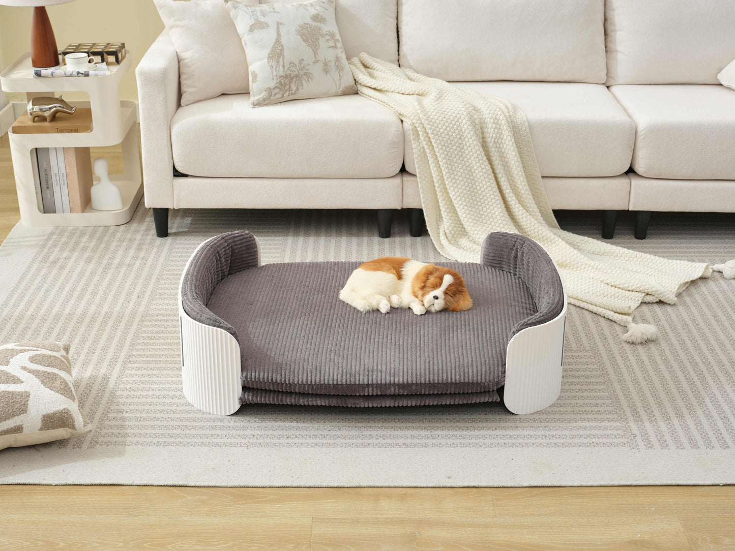 Scandinavian style Cat Couch Bed, Pet Sofa for Indoor Cats PP Indoor Pet Furniture Elevated Cat Beds with Removable Mattress Cover Suitable for Mid or Large  Animal Brand Design White+Grey