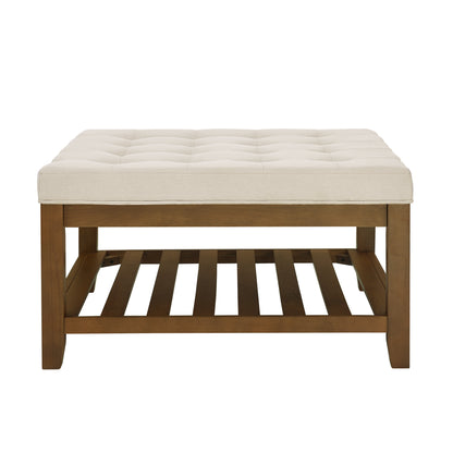 Upholstered Coffee Table Tufted Linen Large Square Ottoman with Beech Wood Shelf and Frame, Oversized Footrest Ottoman for Living Room,Office,Bedroom,Outdoor  IVORY