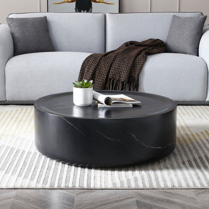 39.37'' Black Marble Round Coffee Table Sturdy Fiberglass table for Living Room ,No Need Assembly.