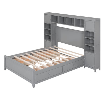 Full Size Wooden Bed With All-in-One Cabinet and Shelf, Gray