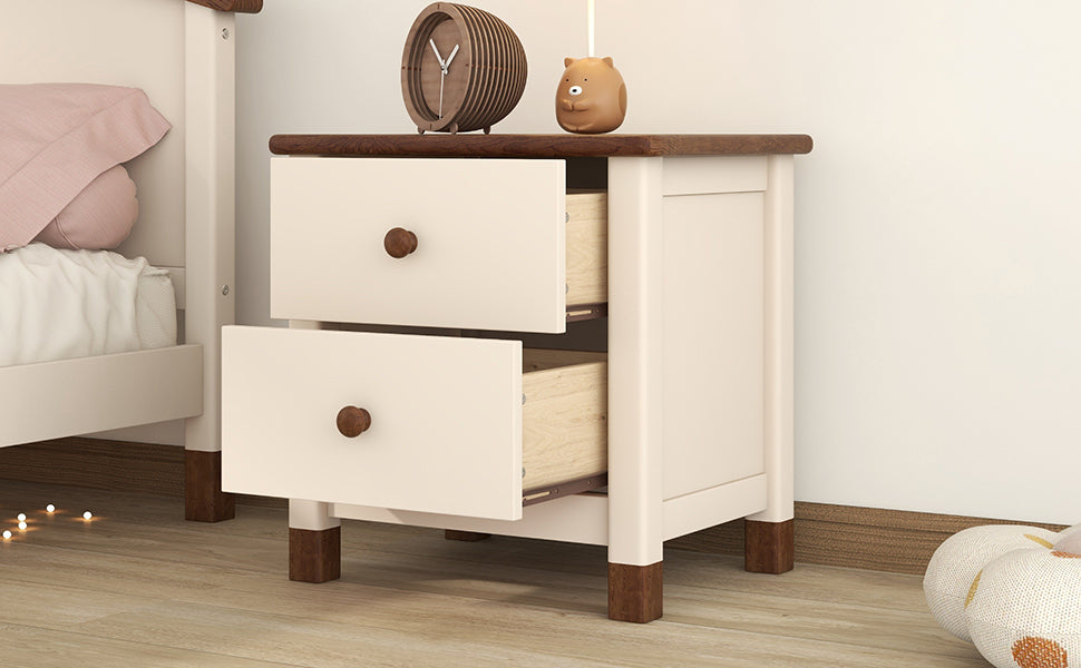 Wooden Nightstand with Two Drawers for Kids,End Table for Bedroom,Cream+Walnut