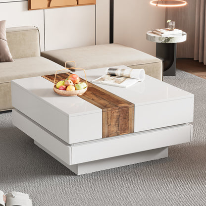 ON-TREND 31.4'' x 31.4'' Square Coffee Table with Sliding Tabletop, High Gloss Center Table with Hidden Storage Compartment, Extendable Cocktail Table with Walnut  Grain Finish for Living Room, White