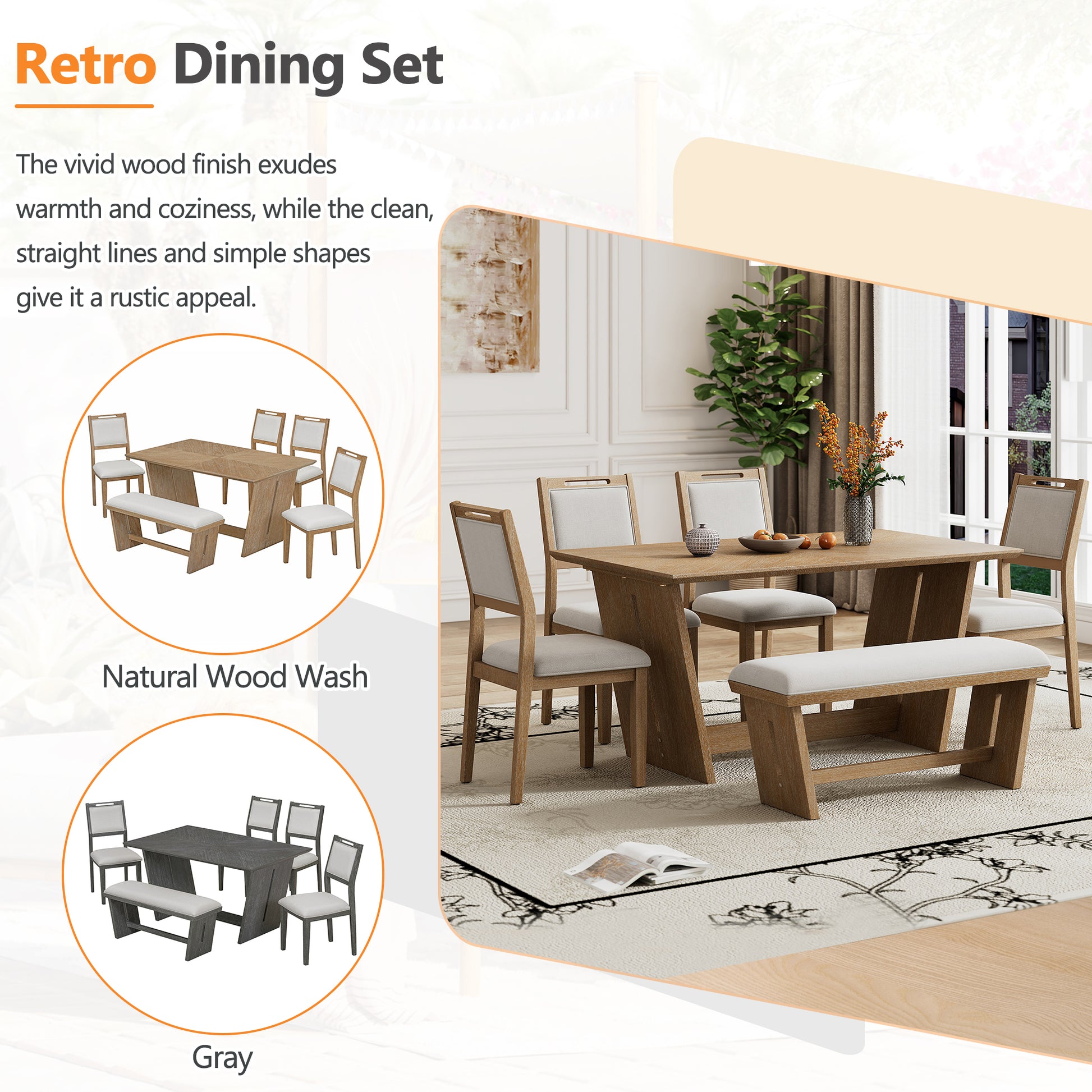 TREXM 6-Piece Modern Retro Dining Set, 1 Rectangular Table with Stable Trapezoidal Table Base and 4 Upholstered Chairs and 1 Bench for Dining Room and Kitchen (Natural Wood Wash)