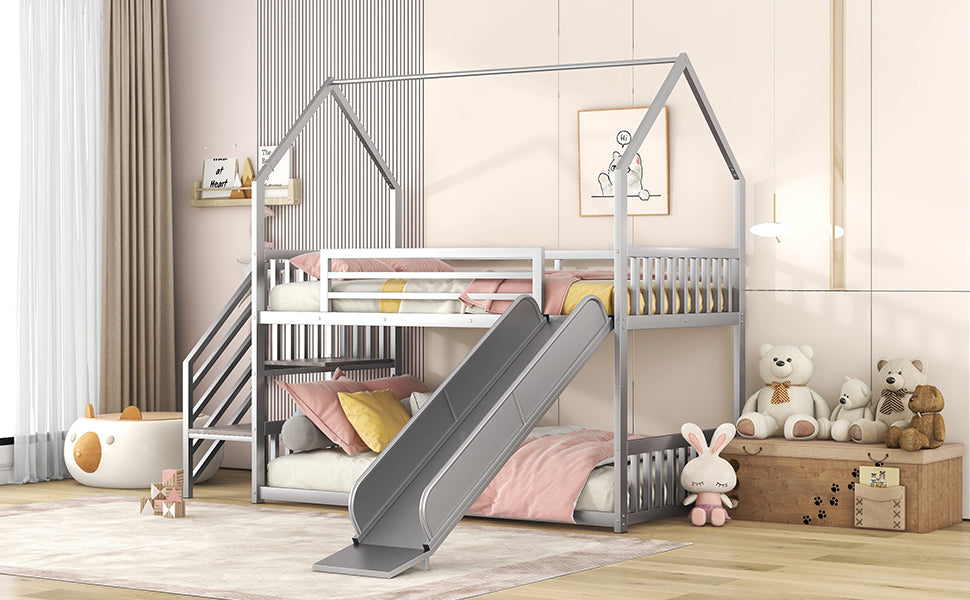 Twin over Twin Metal Bunk Bed House Bed with Slide and Staircase, Silver