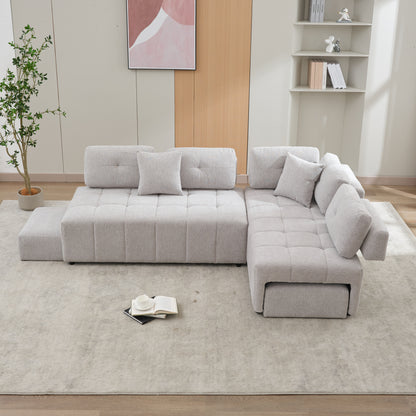 91.73" L-shaped Sofa Sectional Sofa Couch with 2 Stools and 2 Lumbar Pillows for Living Room, Light Grey