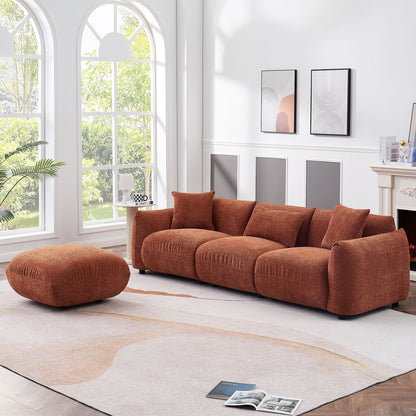 Mid Century Modern Couch 3-Seater Sofa with Ottoman Soft Padded Seat  Upholstered Footrest Stool Ottoman Foot Stool for Living Room, Bedroom. Orange