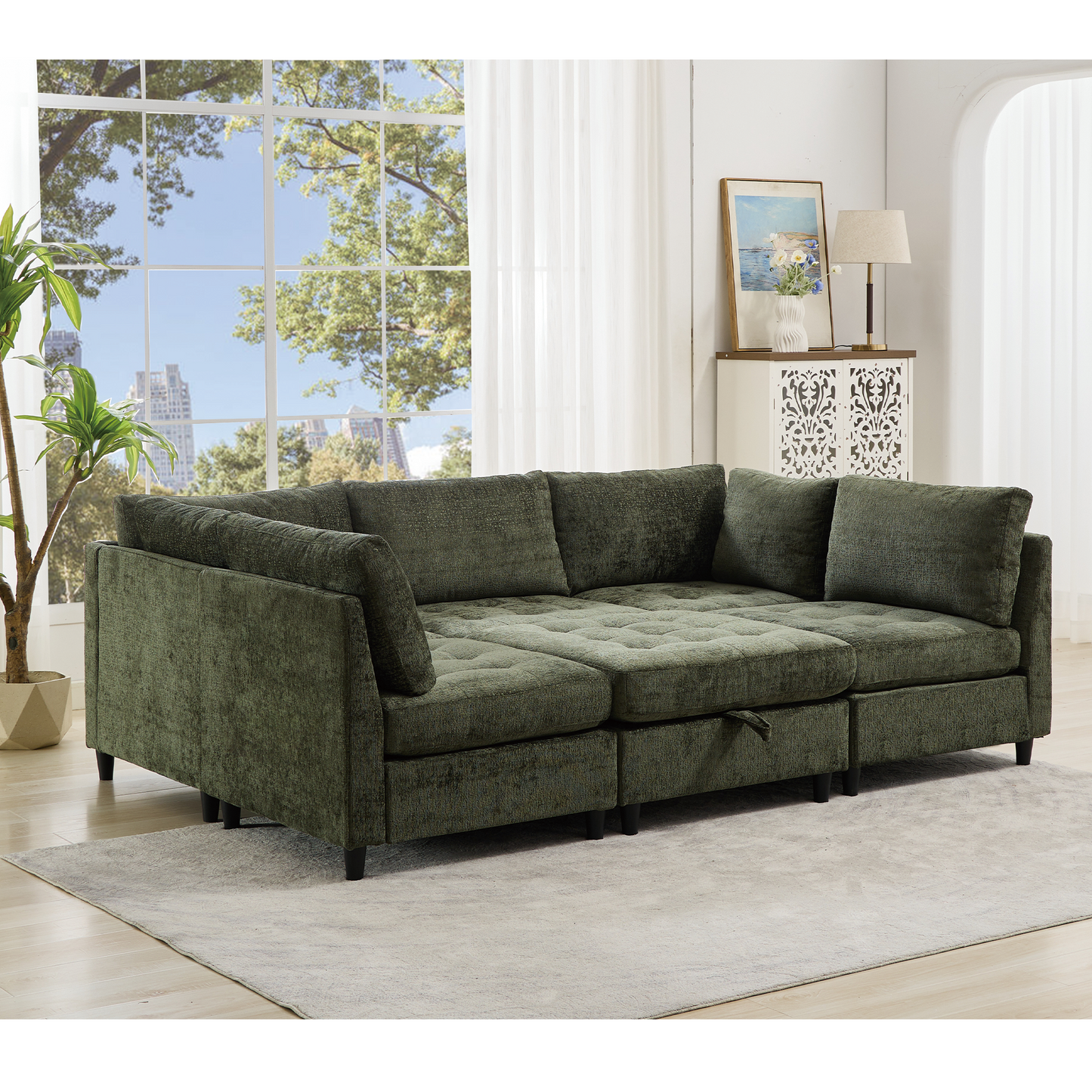 [NEW ARRIVED] [VIDEO PROVIDED]   Modular Sectional Couch with Storage Ottoman, U Shaped Sofa, Storage Ottoman,Minimalist ,Convertible Modular Sofa,Chenille ,Upholstered,6 Seat,Living Room,   Green