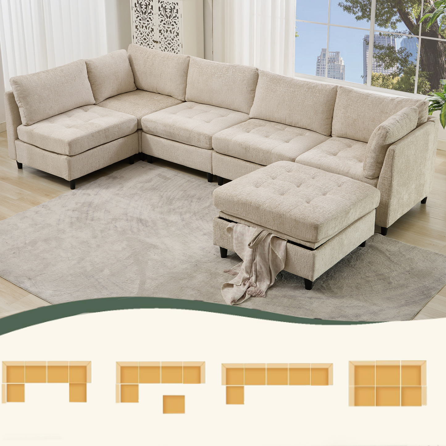 [NEW ARRIVED] [VIDEO PROVIDED]   Modular Sectional Couch with Storage Ottoman, U Shaped Sofa, Storage Ottoman,Minimalist ,Convertible Modular Sofa,Chenille ,Upholstered,6 Seat,Living Room,  Beige