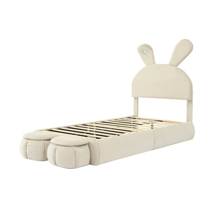 Twin Size Upholstered Platform Bed with Cartoon Ears Shaped Headboard and Light, Beige