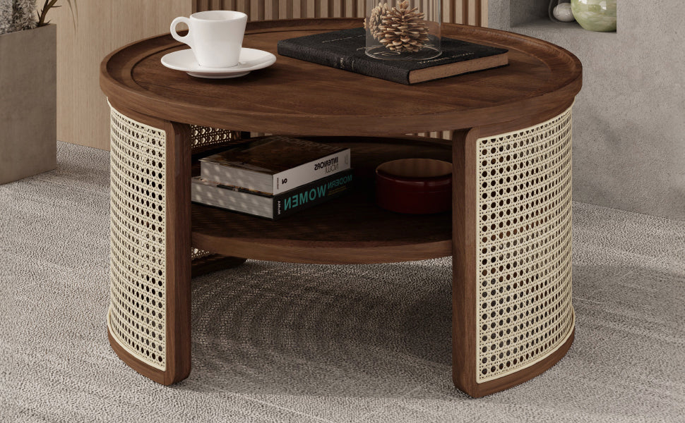 2-Tiered Round Walnut Wood Coffee Table with Storage Rattan Base in 31.3''