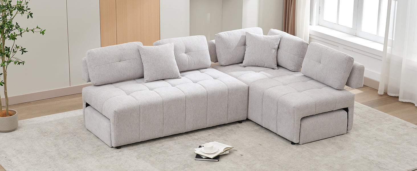 91.73" L-shaped Sofa Sectional Sofa Couch with 2 Stools and 2 Lumbar Pillows for Living Room, Light Grey