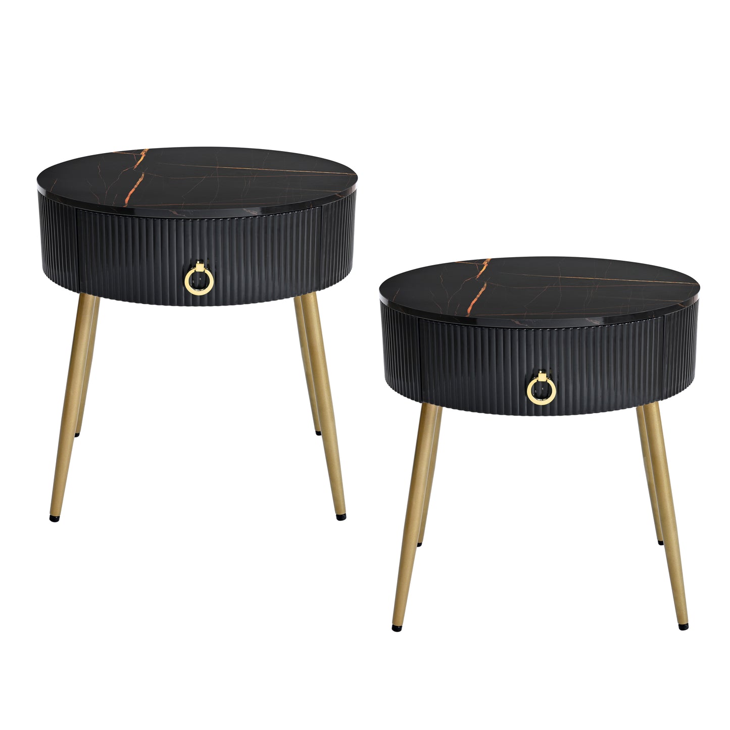 ON-TREND Φ19.6'' Easy Assembly End Tables with High Gloss Faux Marble Tabletops, Set of 2, Modern Fluted 2 Side Tables with Drawers, Round Coffee Tables with Golden Legs for Living Room, Black