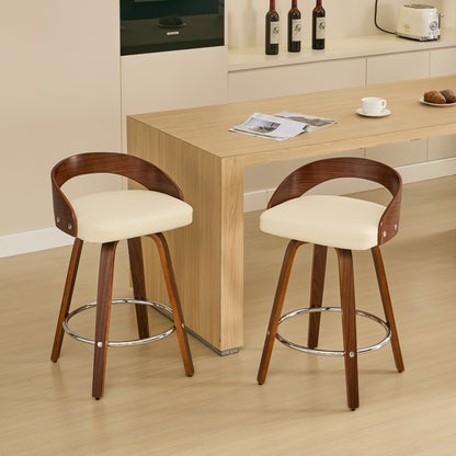 Bar Stools Set of 2, Swivel Bar Height Stools with Low Back, Wood Bar Chairs with Soft Cushion Seat, 25-Inch Seat Height (Beige, 25" Counter Height)