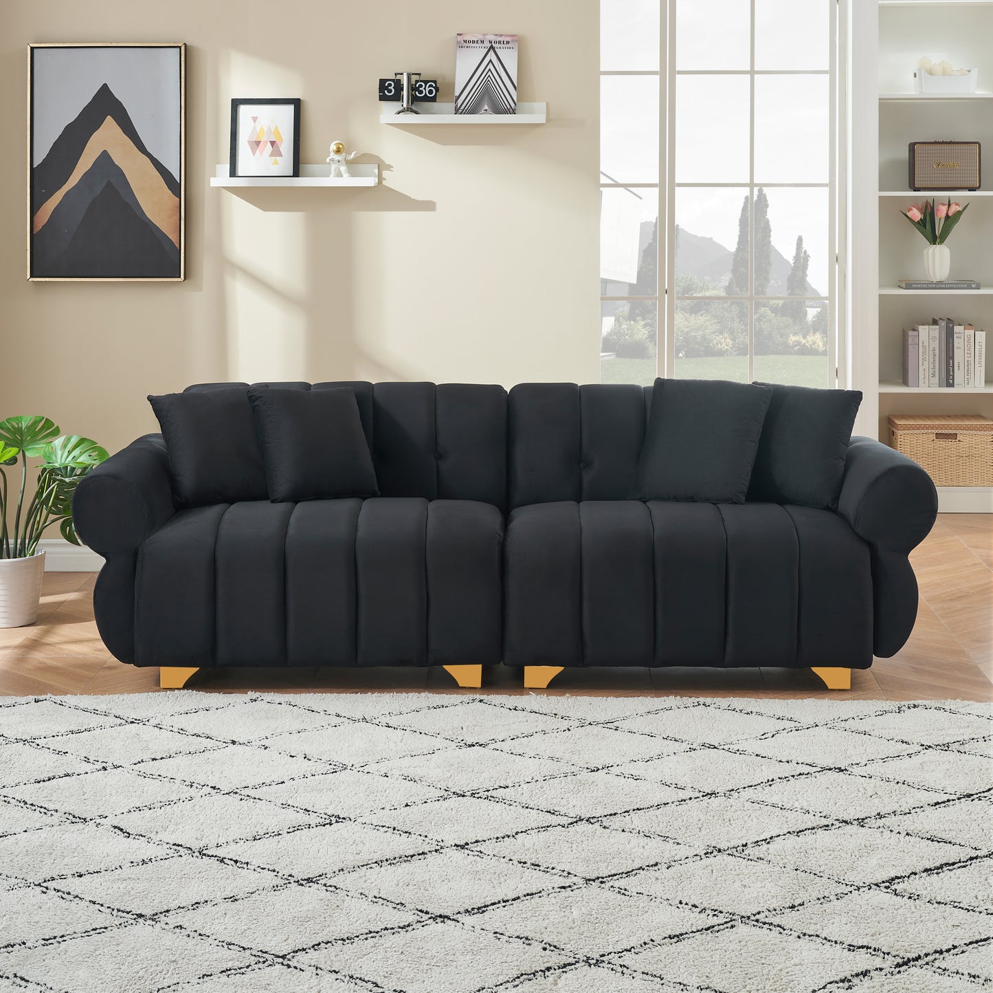 89-inch spring-wrapped cushions, 3 flannelette sofas, stylish metal feet and 4 throw pillows make for a modern living room bedroom