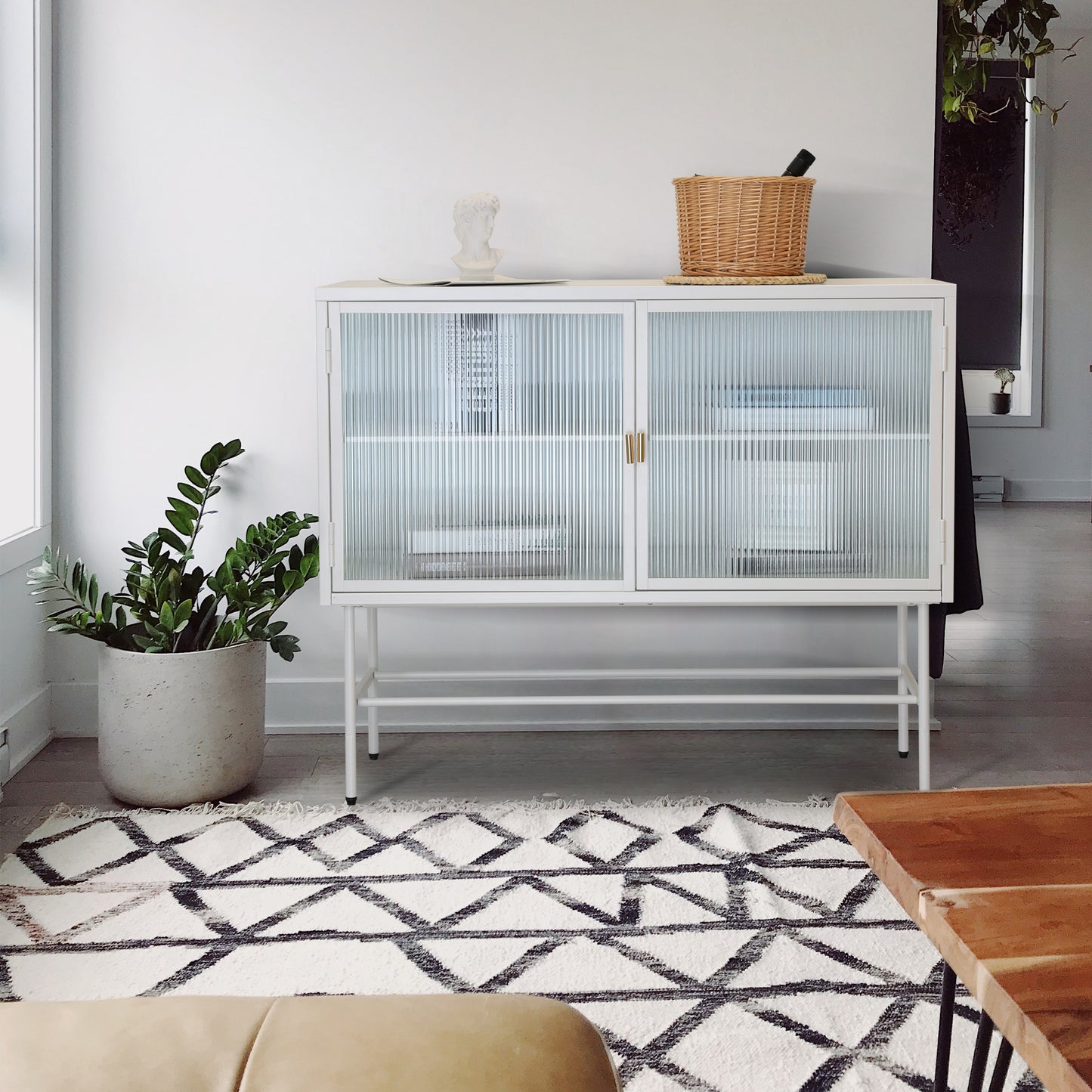 White Sideboard Storage Cabinet With Two Fluted Glass Doors Detachable Shelves Bottom Space for Living Room, Office, Dinging Room and Entryway