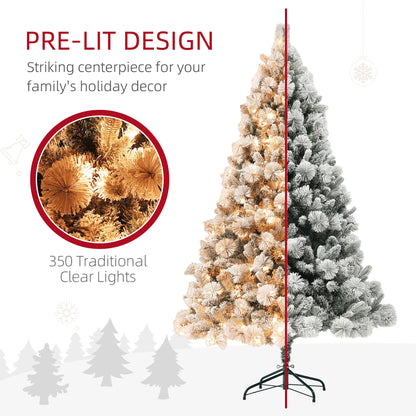 HOMCOM 6.5 ft Pre-Lit Artificial Christmas Tree with 350 Clear Lights and 1107 Tips, Snow Flocked Christmas Tree with Metal Stand, Hinged Xmas Tree for Home Office Holiday, Green