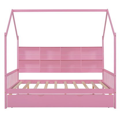 Wooden Full Size House Bed with Trundle,Kids Bed with Shelf,Pink