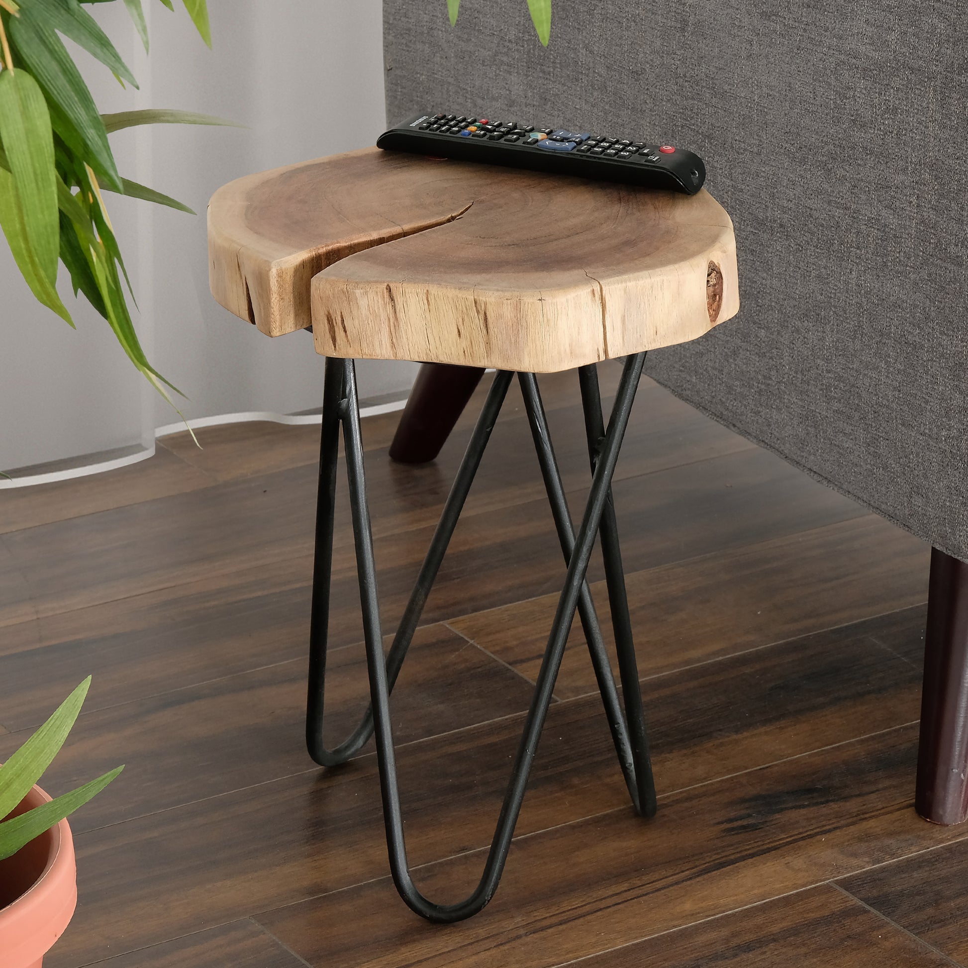 12" Acacia Wood End/Side Table, Living Room Accent Stool, Iron Hairpin Legs, Home Décor, Brown/Black