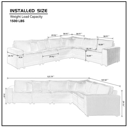 6 Seats,Oversized Sectional Sofa,L Shaped Corner Couch with Detachable Seat & Back Cushion, Corduroy Upholstery Convertible Sleeper Sofa&Couch for Living Room