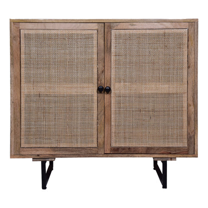 35 Inch Handcrafted Accent Cabinet with 2 Mesh Rattan Doors, Black Iron Legs, Natural Brown Mango Wood Frame