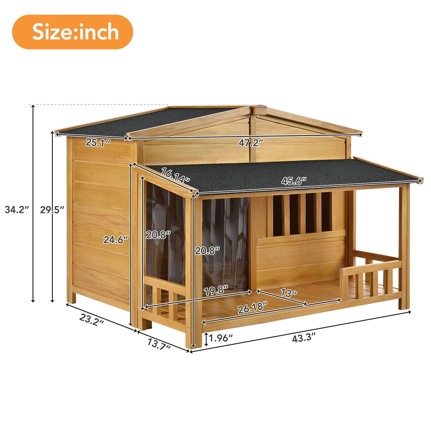 GO 47.2" Wooden Dog House, Outdoor & Indoor Dog Crate, Pet Kennel With Porch, Solid Wood, Weatherproof,  Medium, Nature