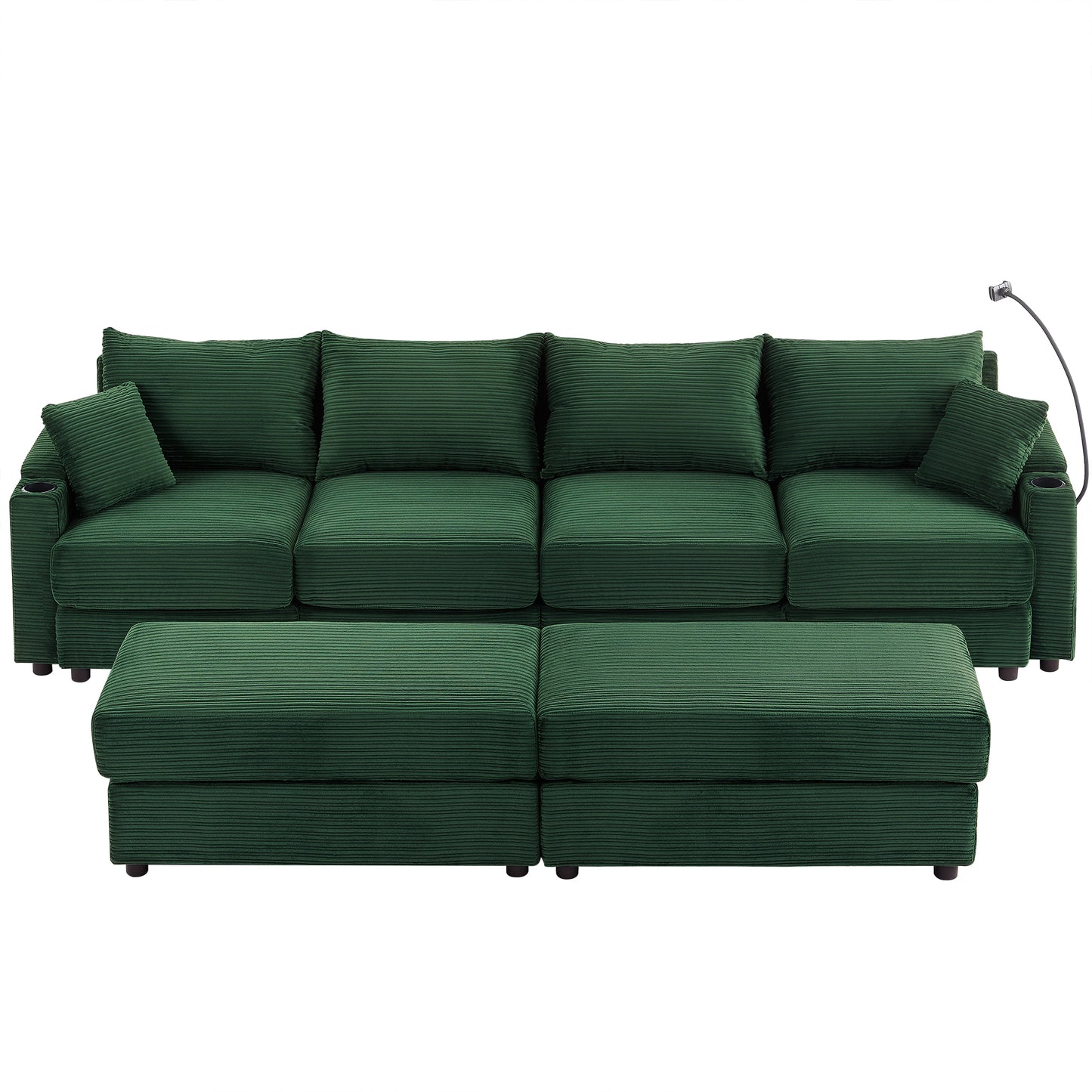 123.2" Modern Style 4-seater Sofa Sectional Sofa Couch with Storage Space, Two Movable Ottomans, Two USB Ports, Two Cup Holders, A Phone Holder for Living Room, Green