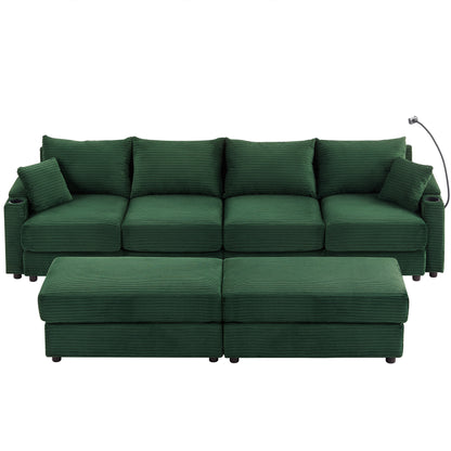 123.2" Modern Style 4-seater Sofa Sectional Sofa Couch with Storage Space, Two Movable Ottomans, Two USB Ports, Two Cup Holders, A Phone Holder for Living Room, Green