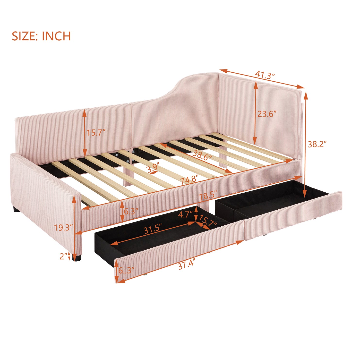 Twin Size L-Shaped Corduroy Daybed,Upholstered Bed Frame with 2 Storage Drawers,Pink