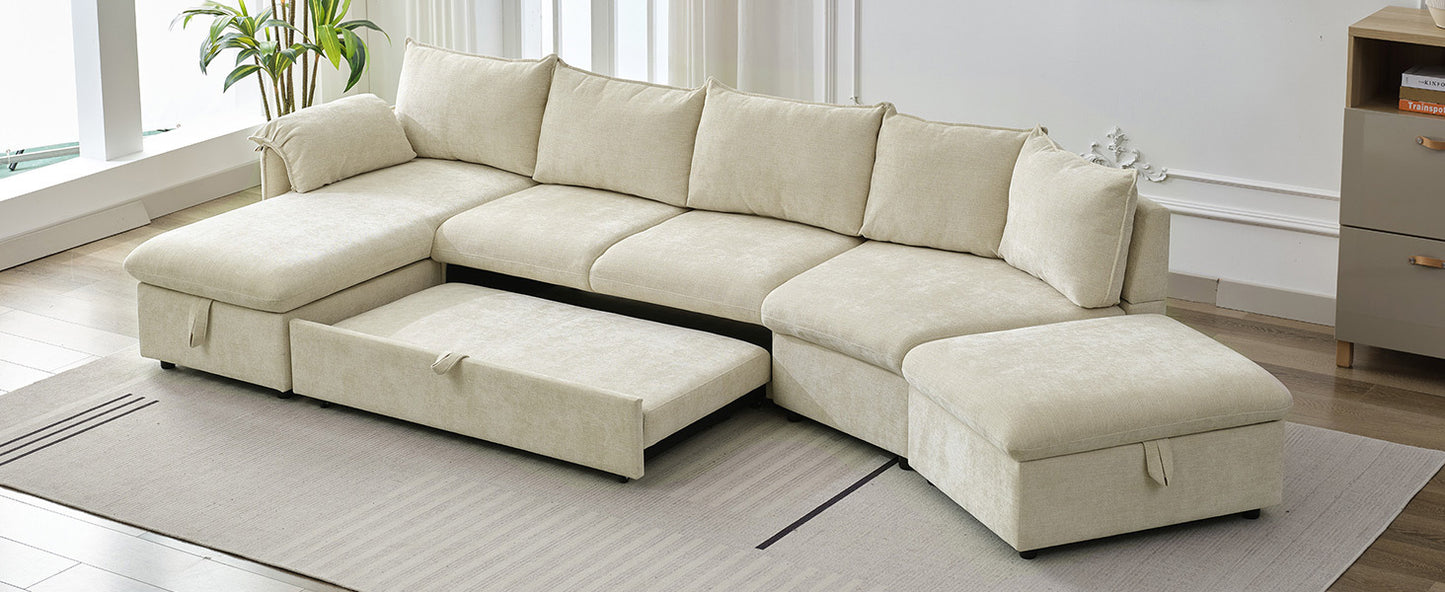 146.9" L-shaped Sofa Sectional Sofa Couch Pull-out Sofa Bed with a Movable Storage Ottoman, a Storage Chaise Lounge and Two USB Ports for Living Room, Beige