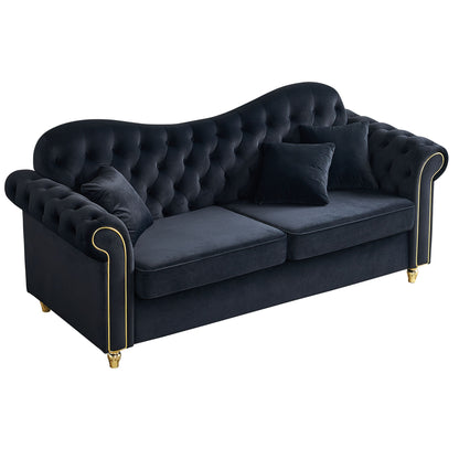 82.68'' Mid Century Modern Velvet Couch Chesterfield Sofa for Living Room,Hotel,Guest Room,Waiting Room, Black Color