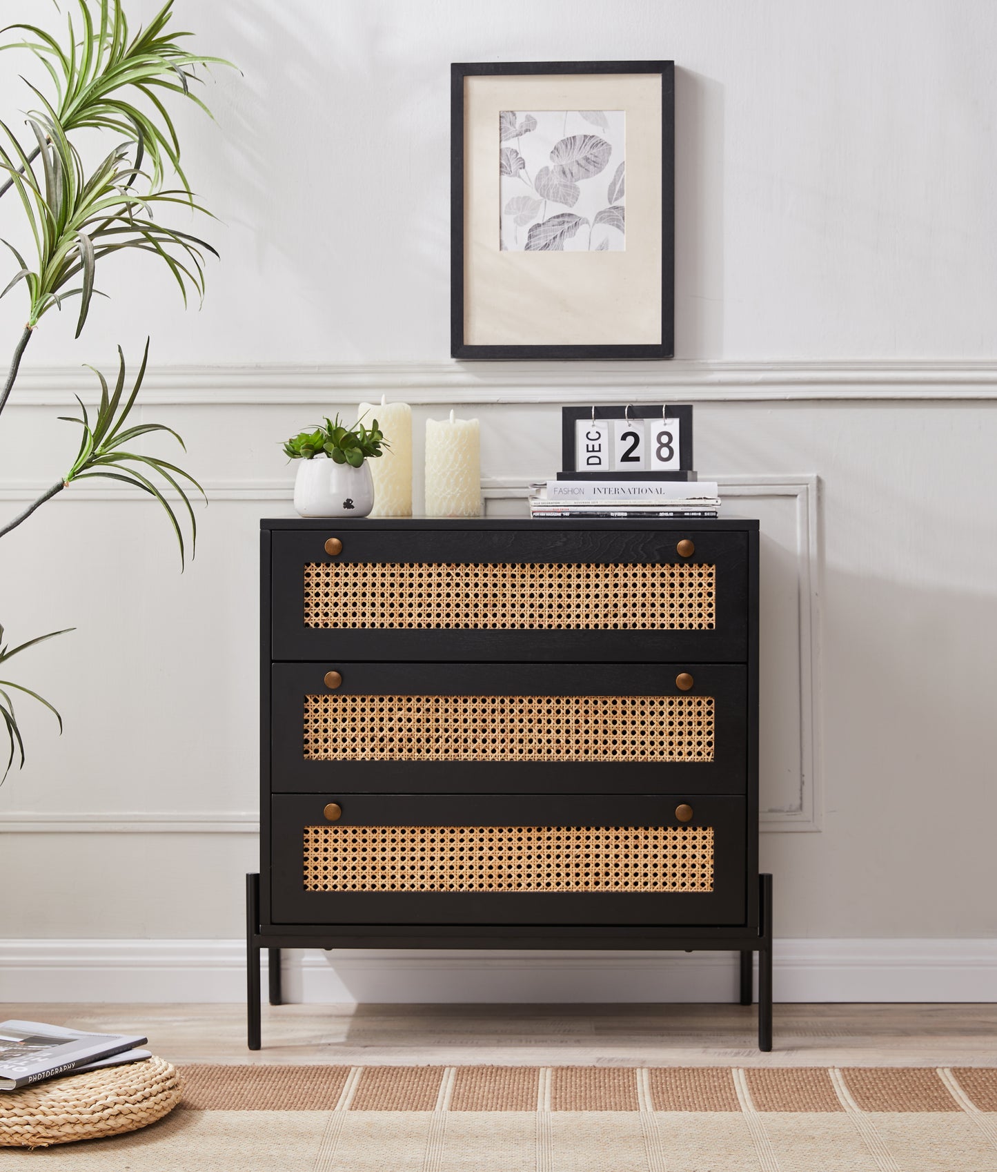 Yara Rattan Mid Century Modern Nightstand, Bedside Table