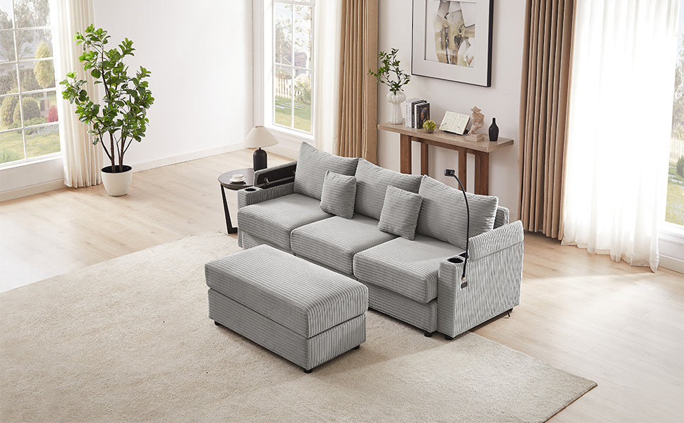 95.3" Modern Style 3-Seater Sofa Sectional Sofa Couch with Storage Space, A Movable Ottoman, Two USB Ports, Two Cup Holders, A Phone Holder for Living Room, Grey