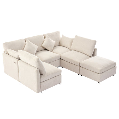 85.4" Sectional Sofa Modular Sofa U-shaped Sofa Couch Sofa Bed L-shaped Sofa with a Movable Ottoman and Two USB Ports for Living Room, Beige