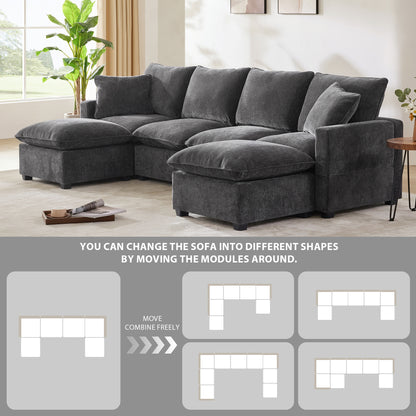 [VIDEO provided] [New] 110*57" Modern U Shape Modular Sofa, 6 Seat Chenille Sectional Couch Set with 2 Pillows Included, Freely Combinable Indoor Funiture for Living Room, Apartment, Office, 2 Colors