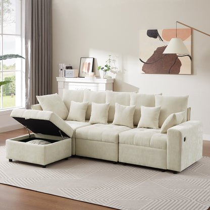 96.45"Sectional sofa Modular Sofa Couch with Three USB Ports, a Removable Storage Ottoman and Five Back Pillows for Living Room, Beige