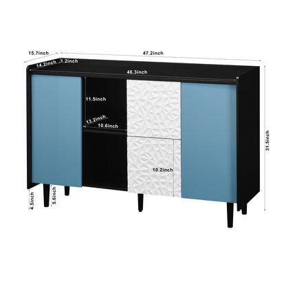 Sideboard Buffet Cabinet, Black Storage Cabinet with Blue Doors , 2 Drawers with unique panel styling and 2 Open Storage Compartment, Modern Coffee Bar Cabinet Accent Cabinet for Kitchen, Dining Room,