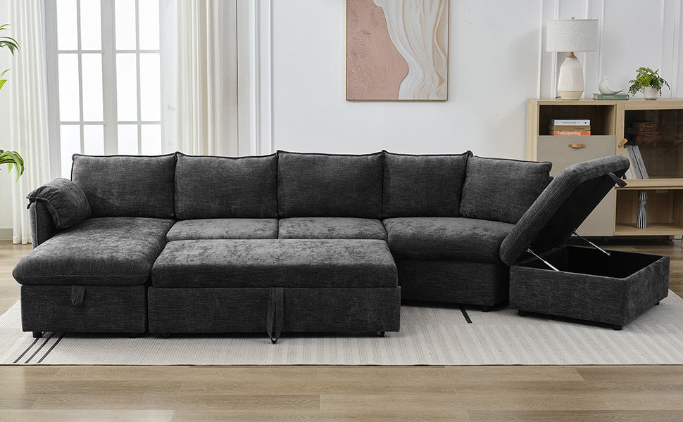 146.9" L-shaped Sofa Sectional Sofa Couch Pull-out Sofa Bed with a Movable Storage Ottoman, a Storage Chaise Lounge and Two USB Ports for Living Room, Grey